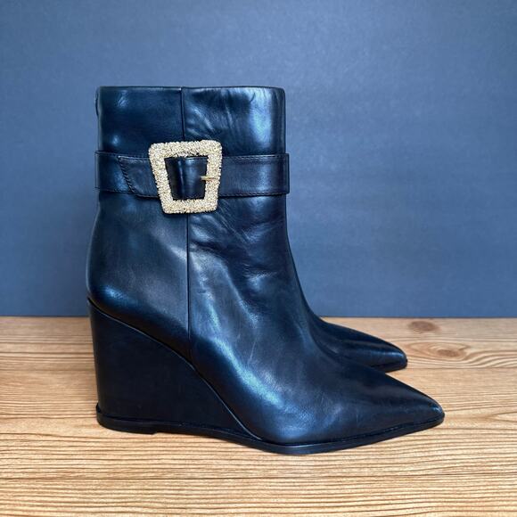 Sam Edelman Black Gold Buckle Weslie Leather Wedge Ankle Boots Womens 7 - Picture 2 of 12